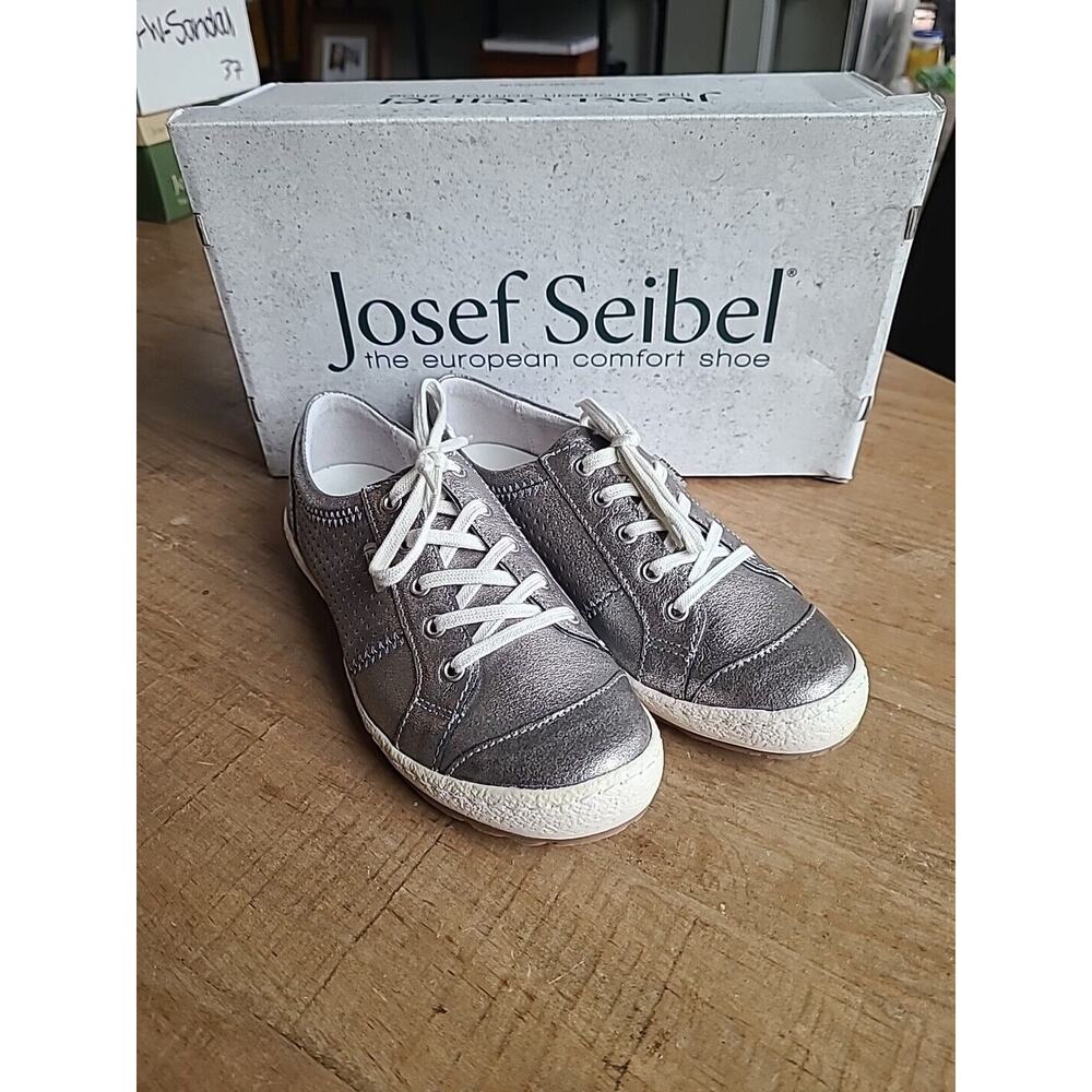 Josef Seibel Womens Caspian Leather Sneakers Shoes Platinum Metallic EU 36‎ NEW